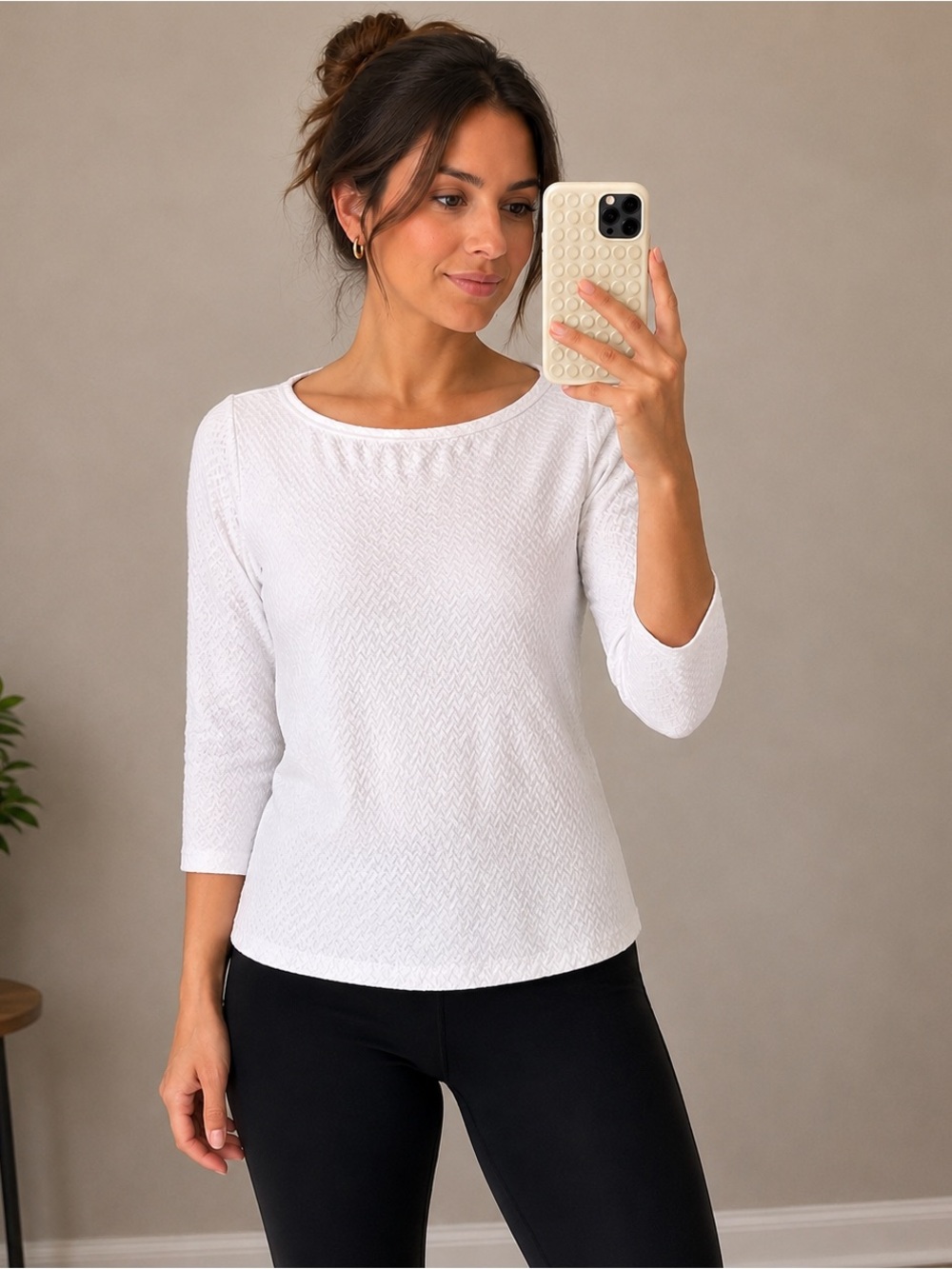 J. McLaughlin White Textured 3/4 Sleeve Knit Top Size S